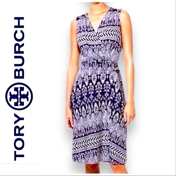 TORY BURCH Silk Blend Wrap Dress Ivory & Purple Tribal Print SZ Sm Petite - Picture 2 of 9